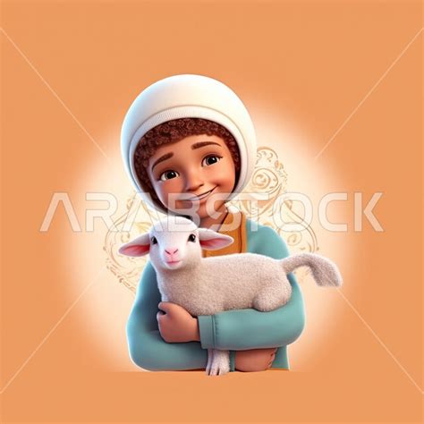 Children's cartoons, 3D cartoons of a boy with cute white sheep, sacrifices and sacrifices, Eid ...