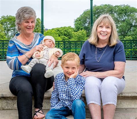 two women and a child are sitting on the steps