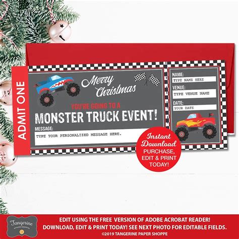 Monster Truck Ticket Printable Template Christmas Gift | Etsy