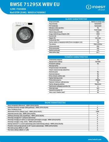 Indesit BWSE 71295X WBV EU Washing Machine Product Datasheet Manualzz