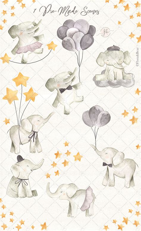 Elephant Baby Watercolor Illustration By Flora & Bear | TheHungryJPEG