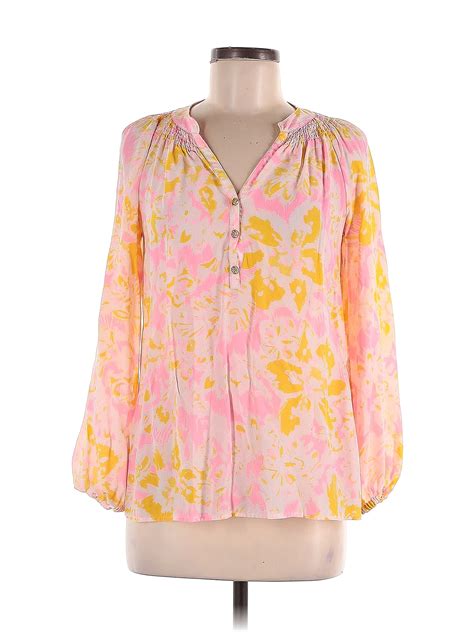 Lilly Pulitzer 100 Silk Floral Pink Long Sleeve Blouse Size S 74