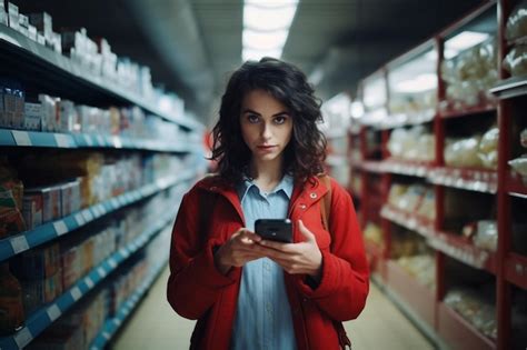 Premium AI Image Brunette Woman In The Supermarket With Many Of Packages And Phone In Hands