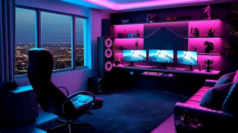 Premium AI Image | Modern interior of gaming room with pink neon lights