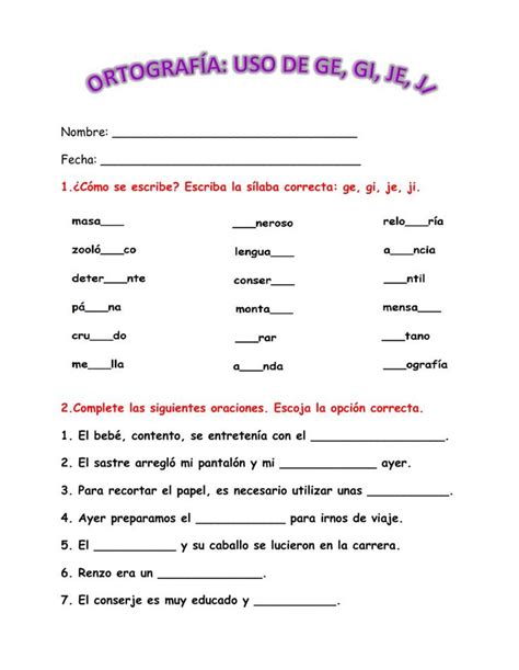 Ortografía uso de ge gi je ji worksheet