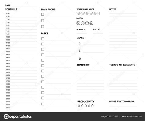 Daily Planner Printable Template Vector Blank White Notebook Page