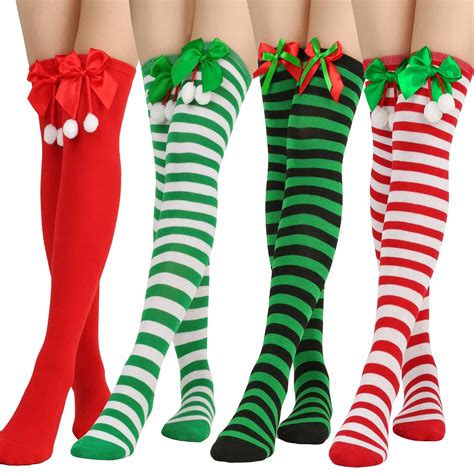 Pair Women Over Knee Socks Christmas Diagonal Striped Christmas Thigh