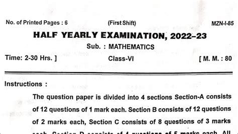 Class 6 Maths Half Yearly Exam Question Paper 2022 2023 YouTube