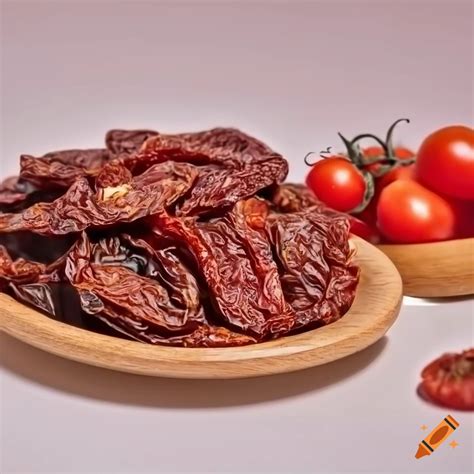 Dried Tomatoes In A Wooden Plate On A White Background And A Lot Of