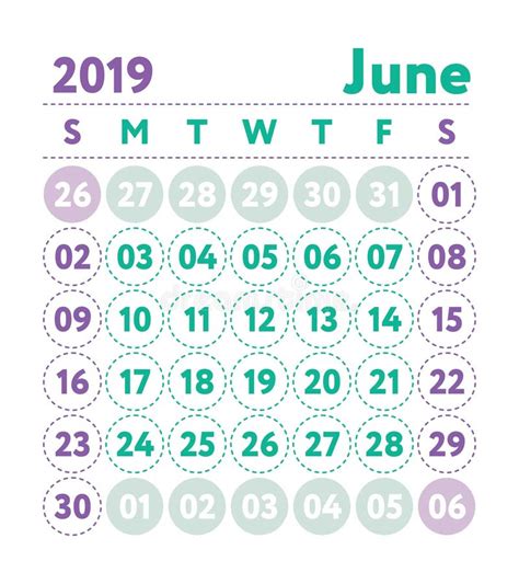 Calendário 2019 Calendário Do Inglês Do Vetor Mês De Junho Começos Da ...