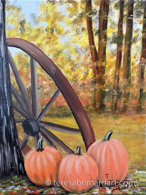 Fall Pumpkins and a Wagon Wheel - Teresa Bernard Oil Paintings