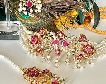 Choker Earrings Matha Tika Set With Pearl Beads Navratan Stones Ruby