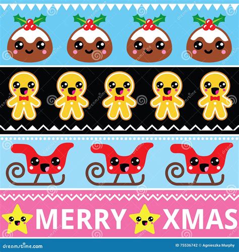 Christmas Cute Kawaii Seamless Pattern With Happy Characters Stock