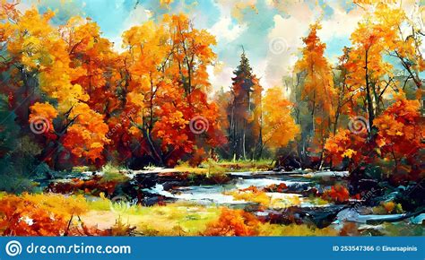 Oil Painting of Autumn Forest Landscape Art Stock Illustration ...