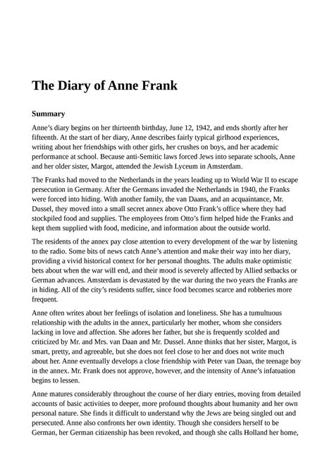 Diary Of Anne Frank The Diary Of Anne Frank Summary Annes Diary