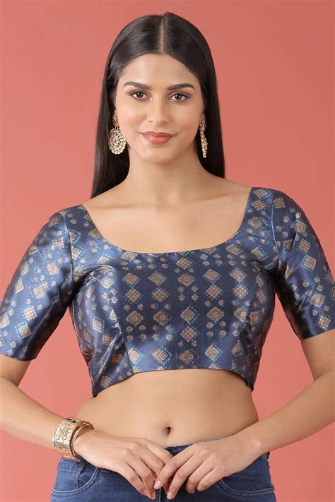 Printed Art Silk Blouse In Navy Blue 34 Ucchal Fashion