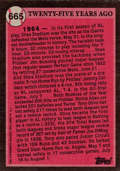 1989 Topps Minnesota Twins Tony Oliva Card 665 Turn Back The Clock HOF