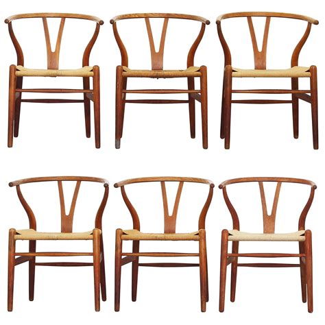 Set Of Six Old Dining Wishbone Chairs By Hans J Wegner For Carl Hansen Oak Wishbone Chair