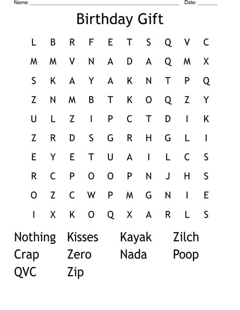 Birthday Gift Word Search Wordmint