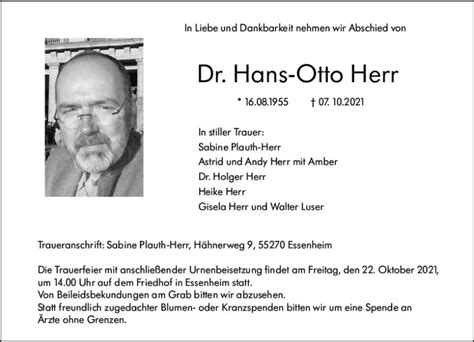 Traueranzeigen Von Hans Otto Herr Vrm Trauerde