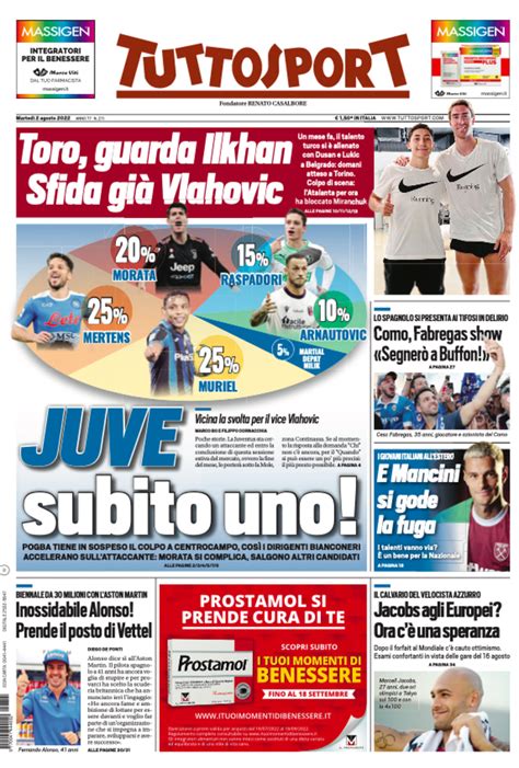 Prima Pagina Tuttosport “juve Subito Uno Toro Ilkhan Sfida Vlahovic