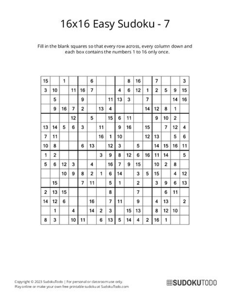 16x16 Easy Sudoku Puzzles Printable