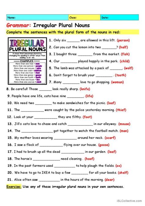 109 Plural Nouns Irregular Plurals English Esl Worksheets P