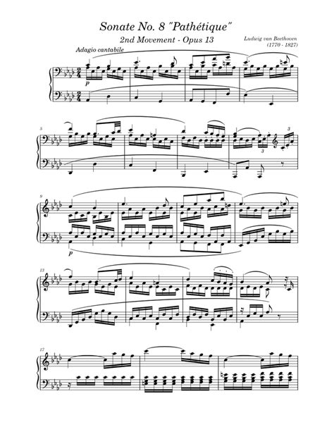 Sonata No 8 2nd Movement Pathétique Ludwig Van Beethoven Sheet Music For Piano Solo