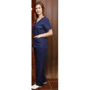 Scrub Feminino Gabardine Azul Marinho Detalhe Branco Manga Curta