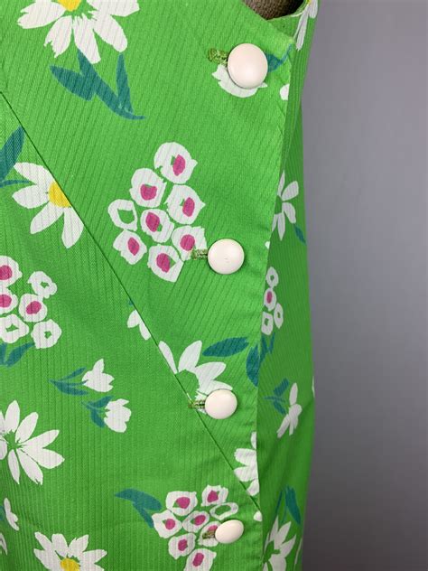 Vintage 60s Lime Green Floral Sun Dress Size Medium Large Hippie Boho