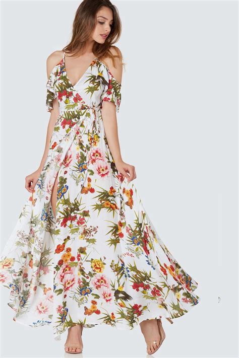 Flowy Cold Shoulder Maxi Dress With Colorful Floral Patterns Throughout Flirty Ruffle Sleeves