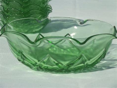 Hazel Atlas Fancy Vintage Green Depression Glass Berry Bowls Set