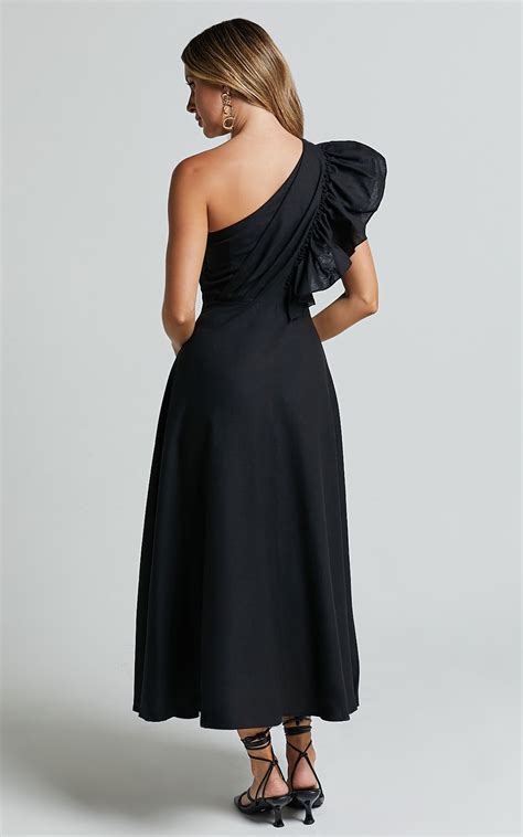 Dixie Midi Dress Linen Look One Shoulder Ruffle Dress In Black Showpo