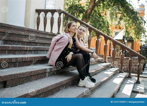 Lgbt Lesbian Couple Love Moments Concept Two Young Lesbians Girls Hugging And Walking Outdoors