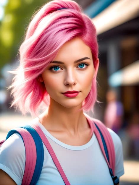 Premium Photo Digital Painting Of Woman With Pink Hair And Backpack