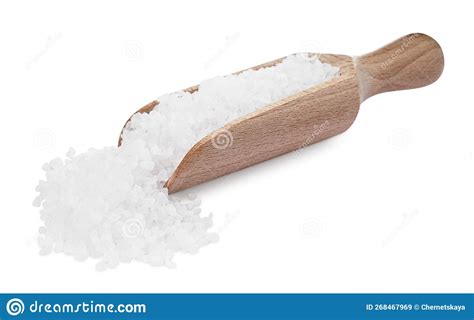 Wooden Scoop And Heap Of Natural Sea Salt Isolated On White Stock Image