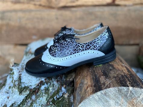 Oxford Shoes Woman Black And White Leather Three Tone Oxford Etsy