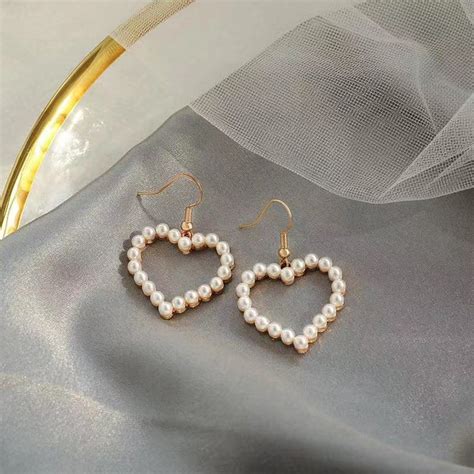 Pearl Heart Earrings Heart Dangle Drop Hook Earrings Faux Pearl Heart Earrings Dangling Heart