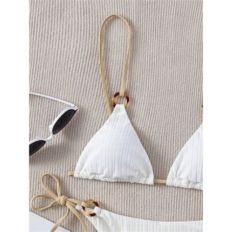 Sexy Bikini Set Cute White Plain Ring Linked Spaghetti Strap