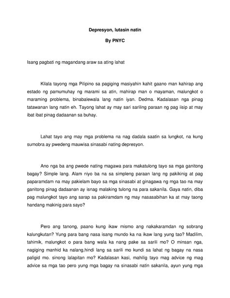 Talumpati Depresyon Lutasin Natin By Pnyc Isang Pagbati Ng Magandang