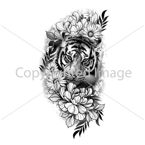 Tattoo Design Tiger With Flowers Digital Download - Etsy