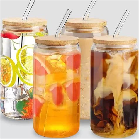 4 Copos De Vidro Canudo Drink Tampa Bambu Bebidas 500ml Agua