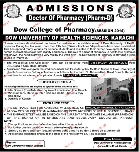 Dow University Of Health Sciences Admission In Pharm D 2024 Government