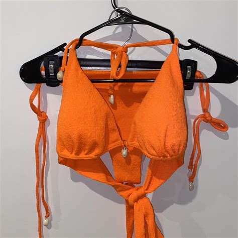 Textured Bright Orange Bikini Set With Shell Depop