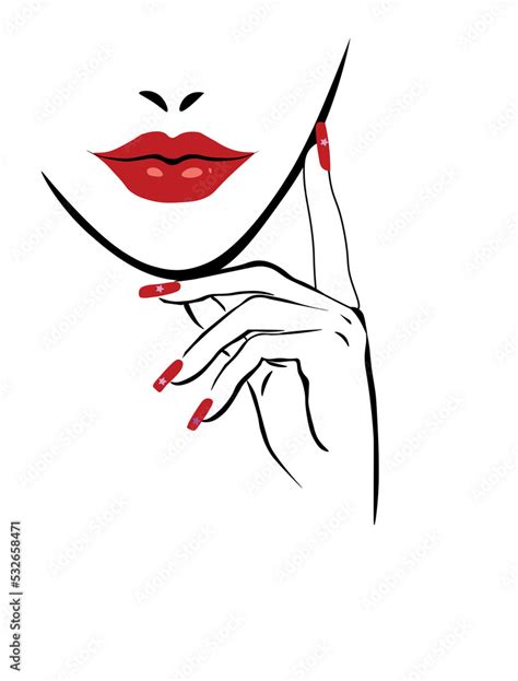 Beautiful Sexy Face Red Lips Hand With Red Manicure Nails Fashion