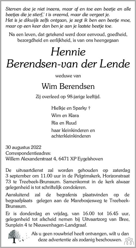 Hennie Berendsen Van Der Lende 30 08 2022 Overlijdensbericht En