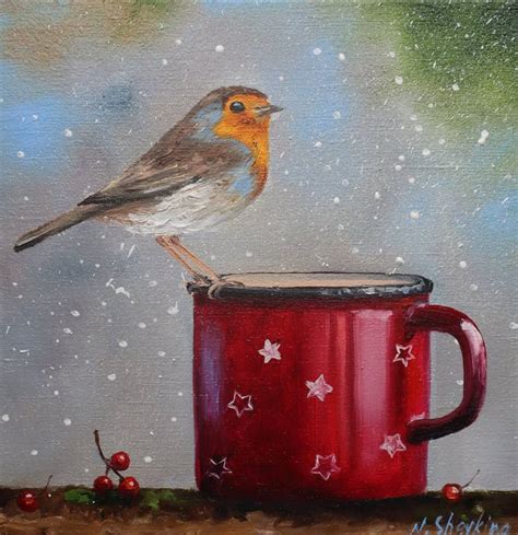 Christmas Bird Art, Original Winter Robin Oil Painting Painting by ...