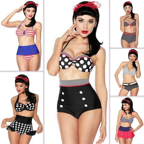 Retro Pinup Rockabilly Vintage High Waist Bikini Swimsuit Swimwear S M