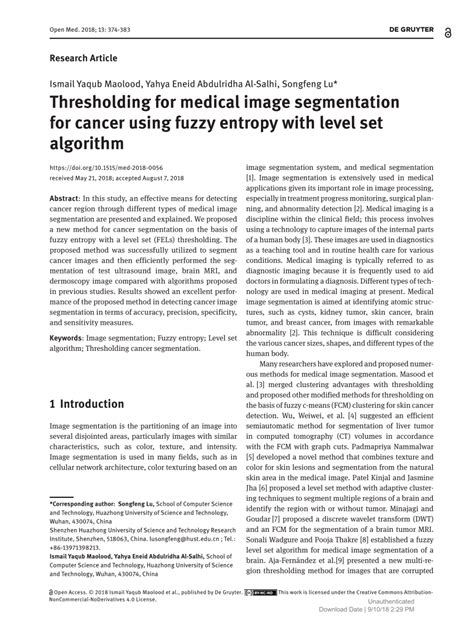 Pdf Thresholding For Medical Image Segmentation For Cancer Using