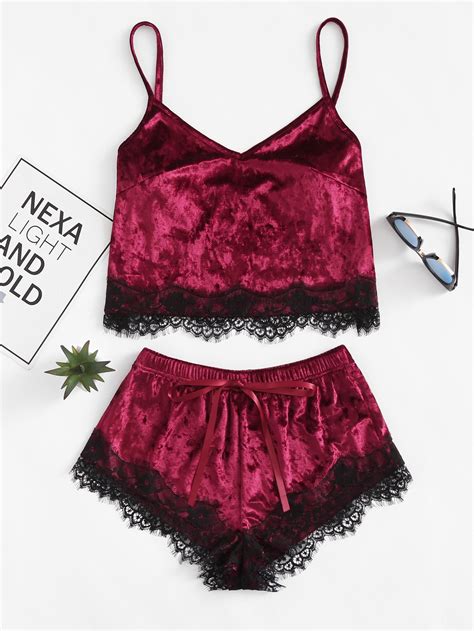 Eyelash Lace Hem Cami Top And Shorts Pajama Set Shein Sheinside